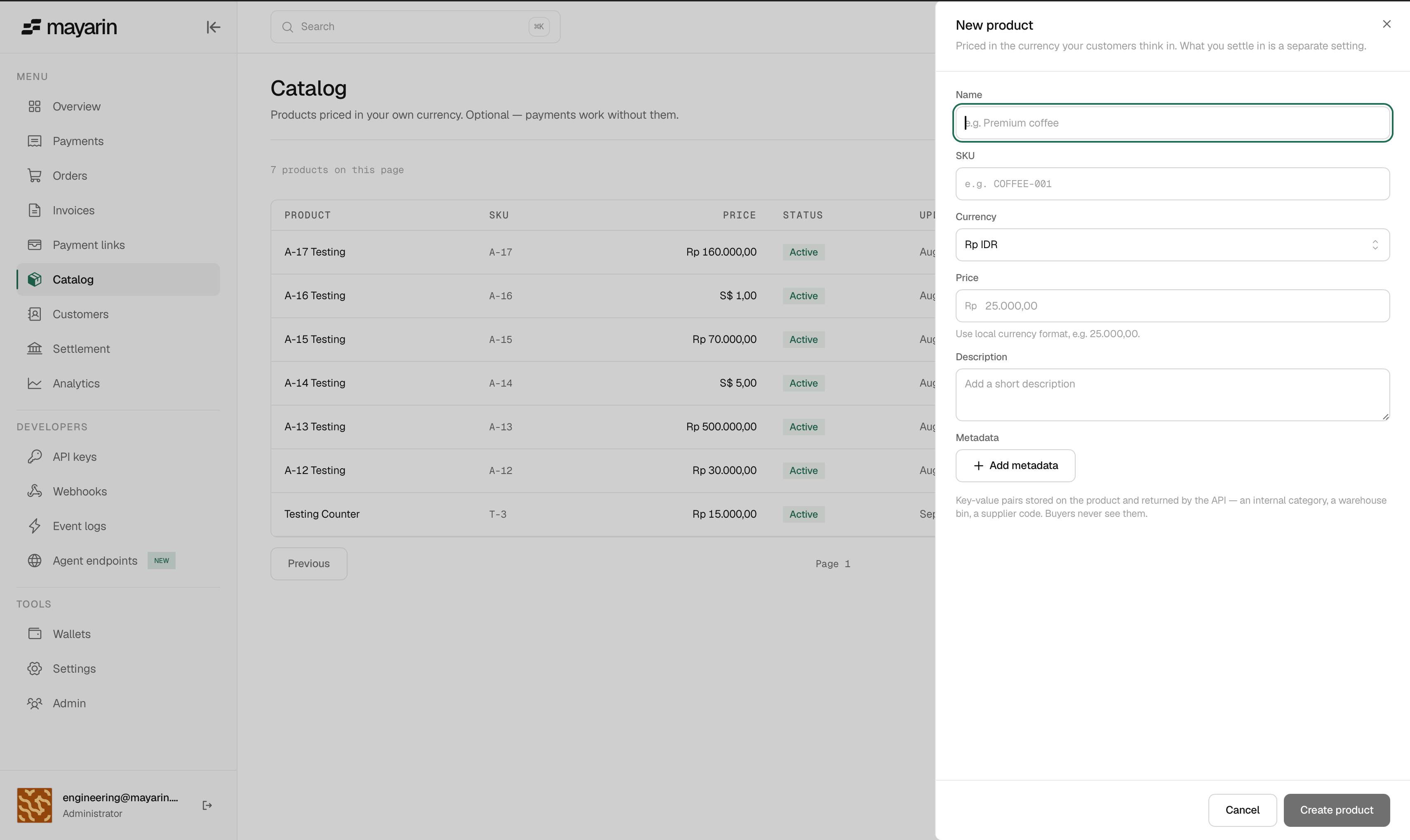 Creating a catalog product in Mayarin