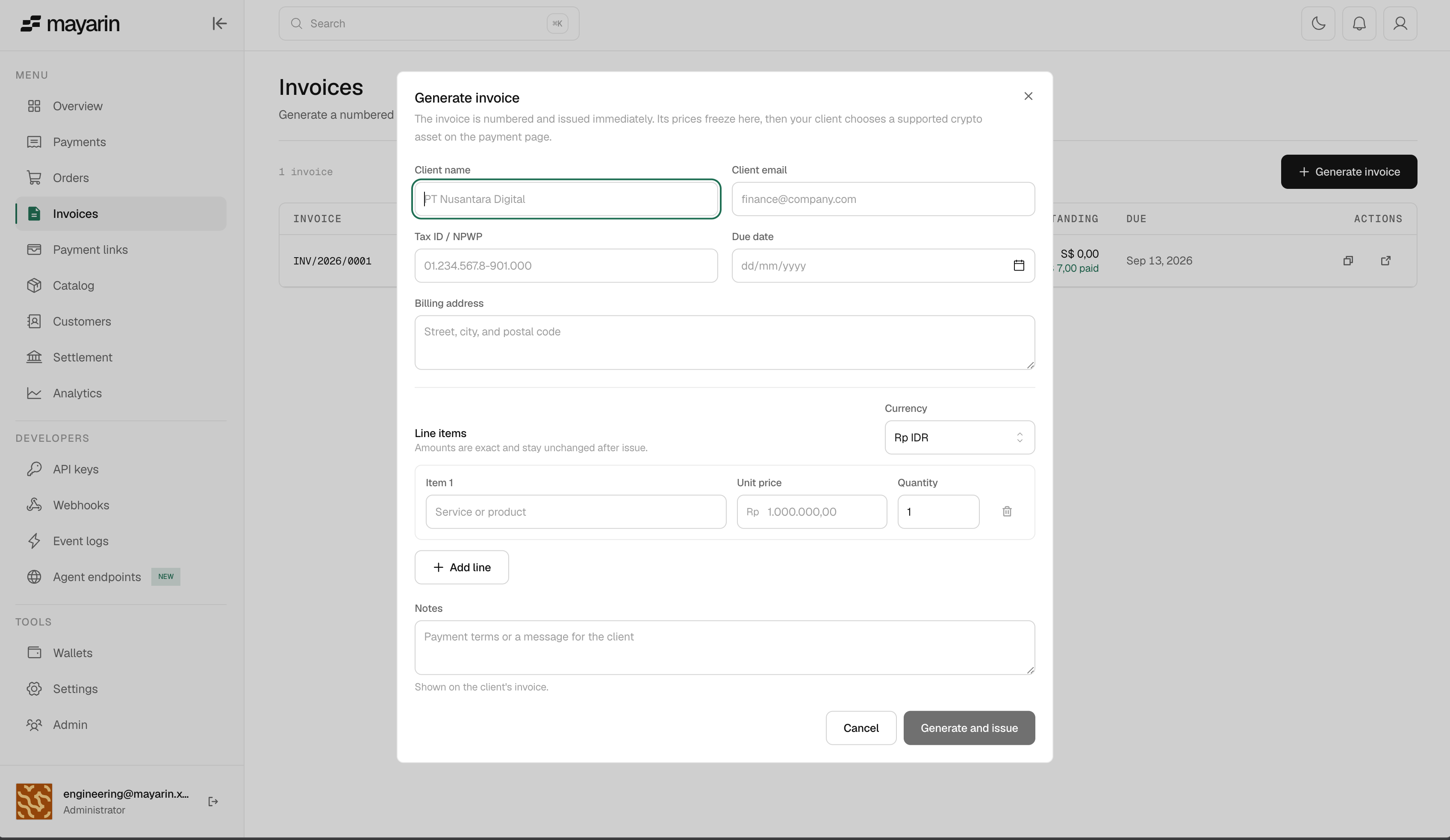 Generating an invoice in Mayarin
