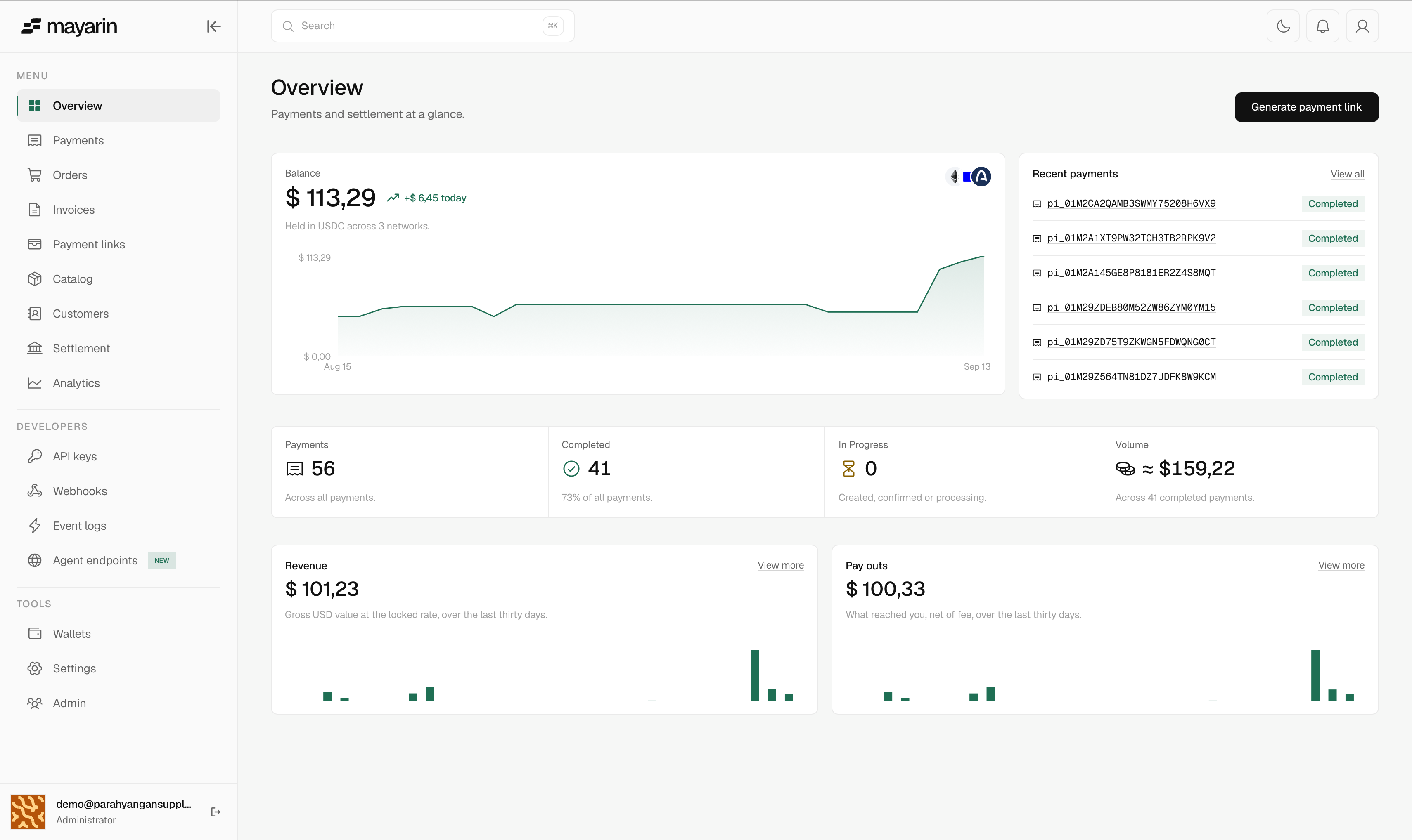 Mayarin overview showing balance, recent payments, and payment volume