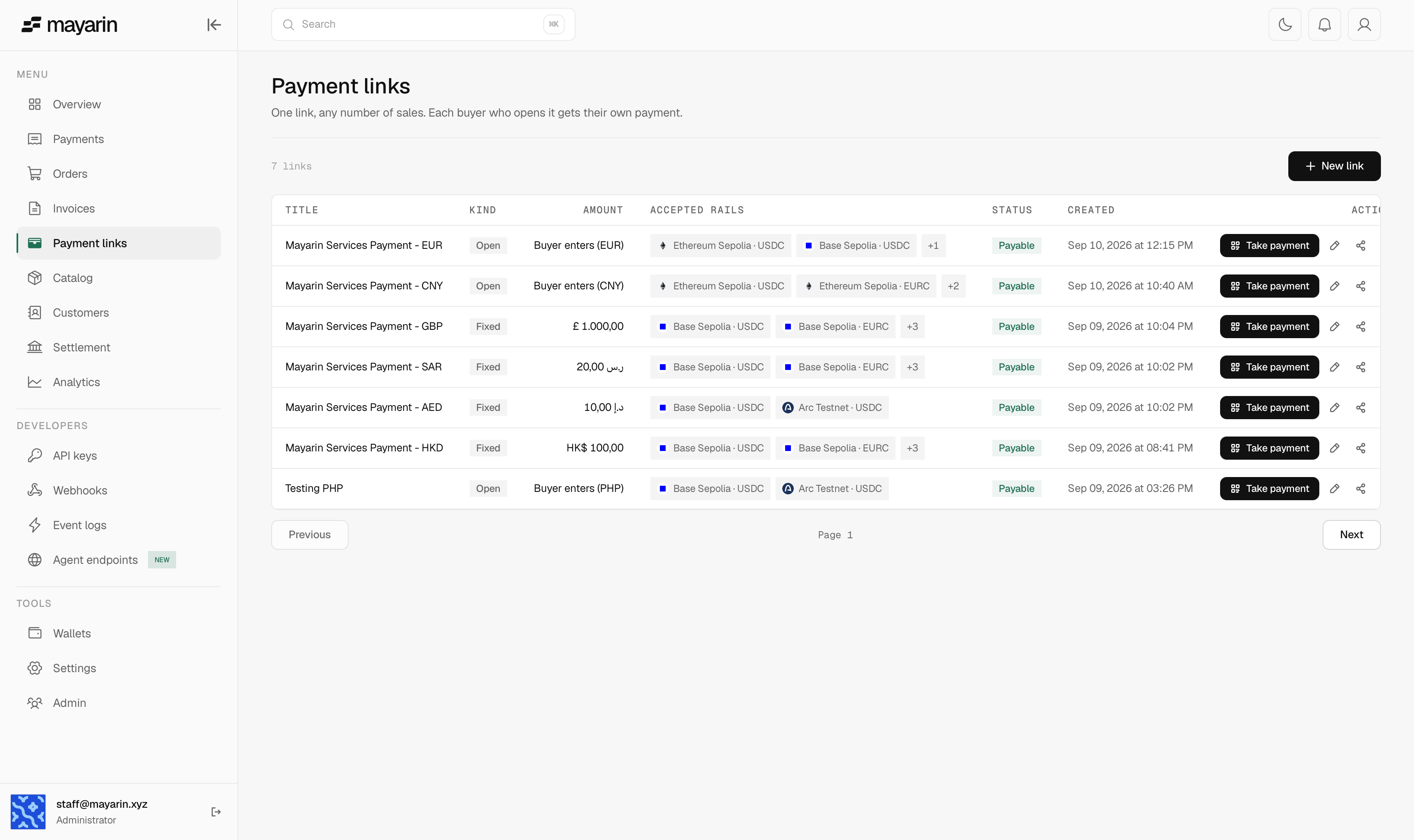 Mayarin payment links dashboard