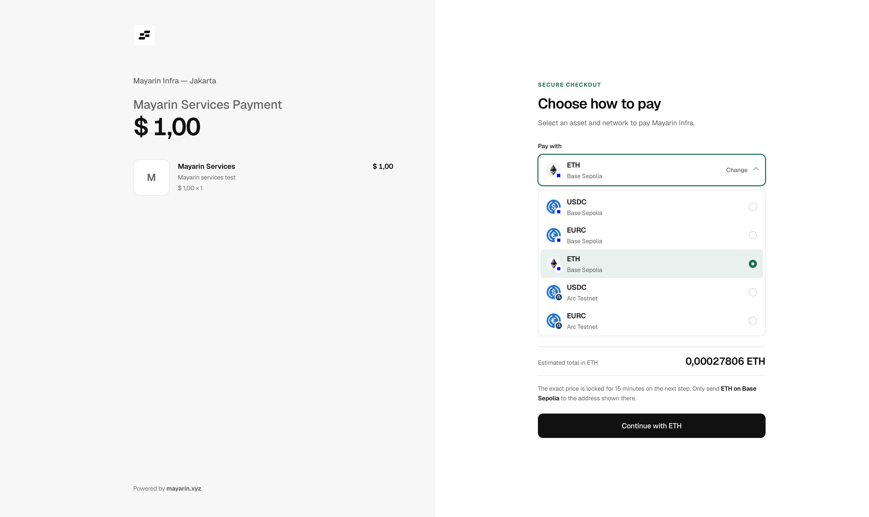 Mayarin checkout page with order summary and payment methods